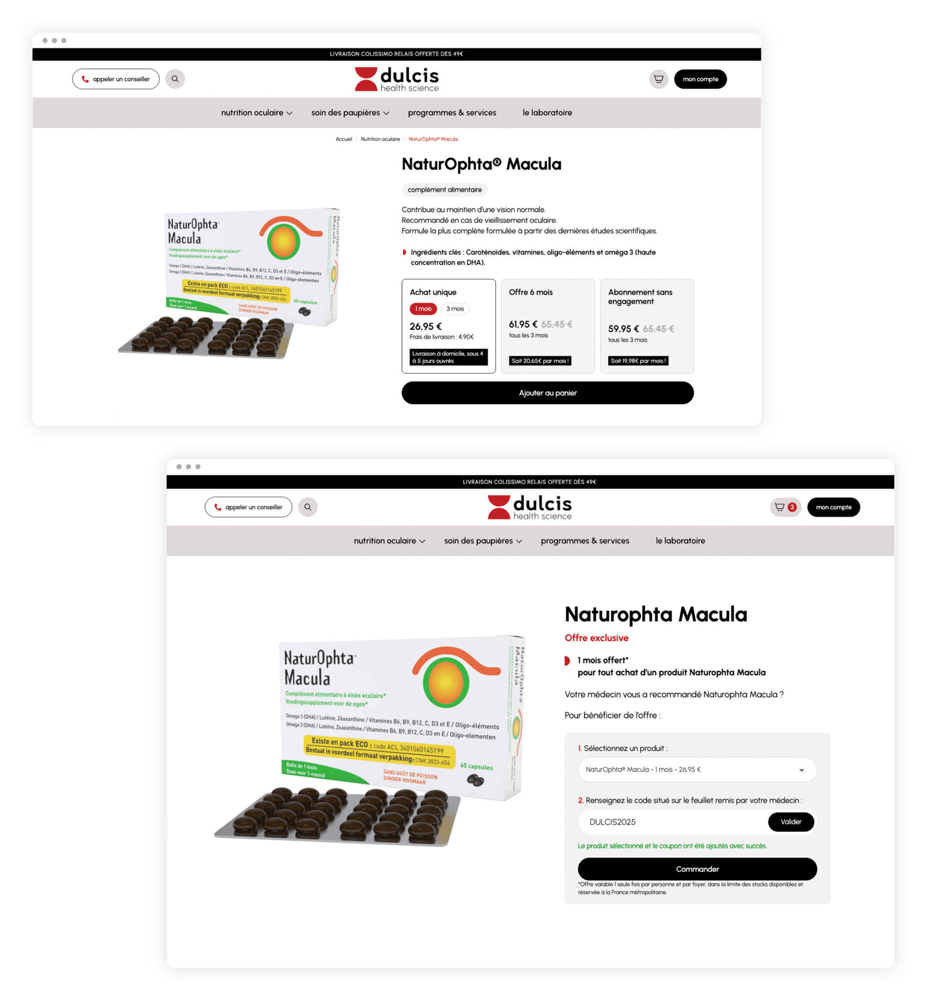 Dulcis : écrans, page produit
